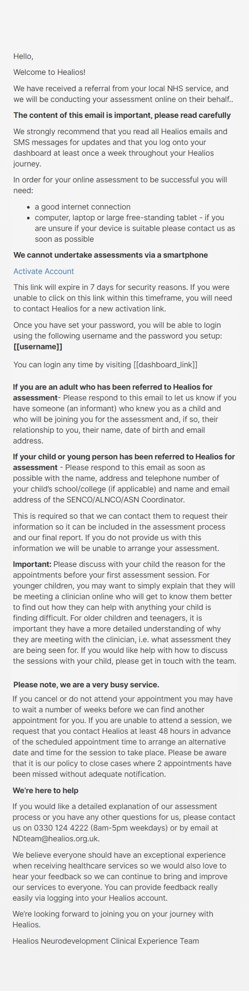 A copy of the Healios welcome email that clients received