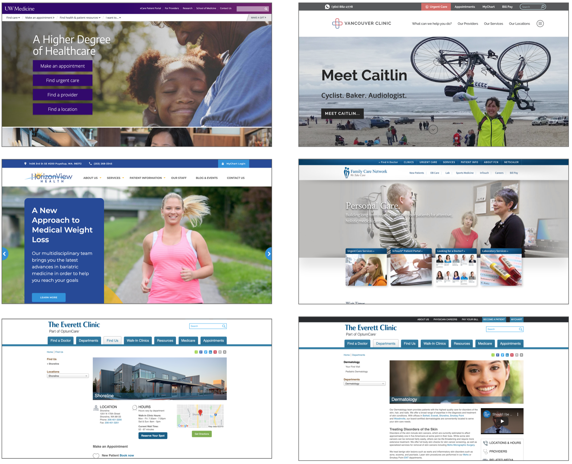 Top left is SFM’s current home page, the other ones are local clinics that are in Washington.