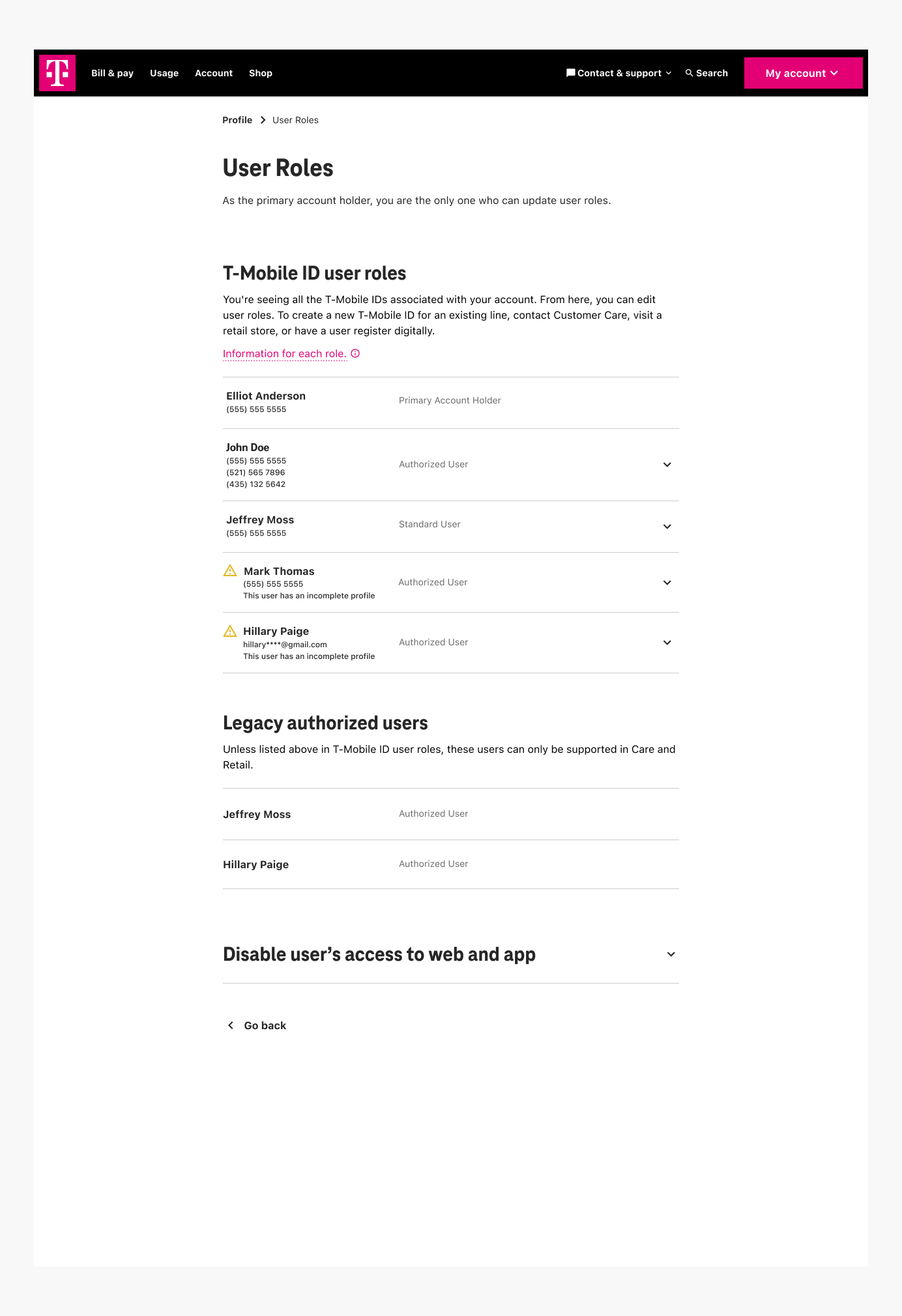User roles page that has a T-Mobile ID with three MSISDNs connected to it