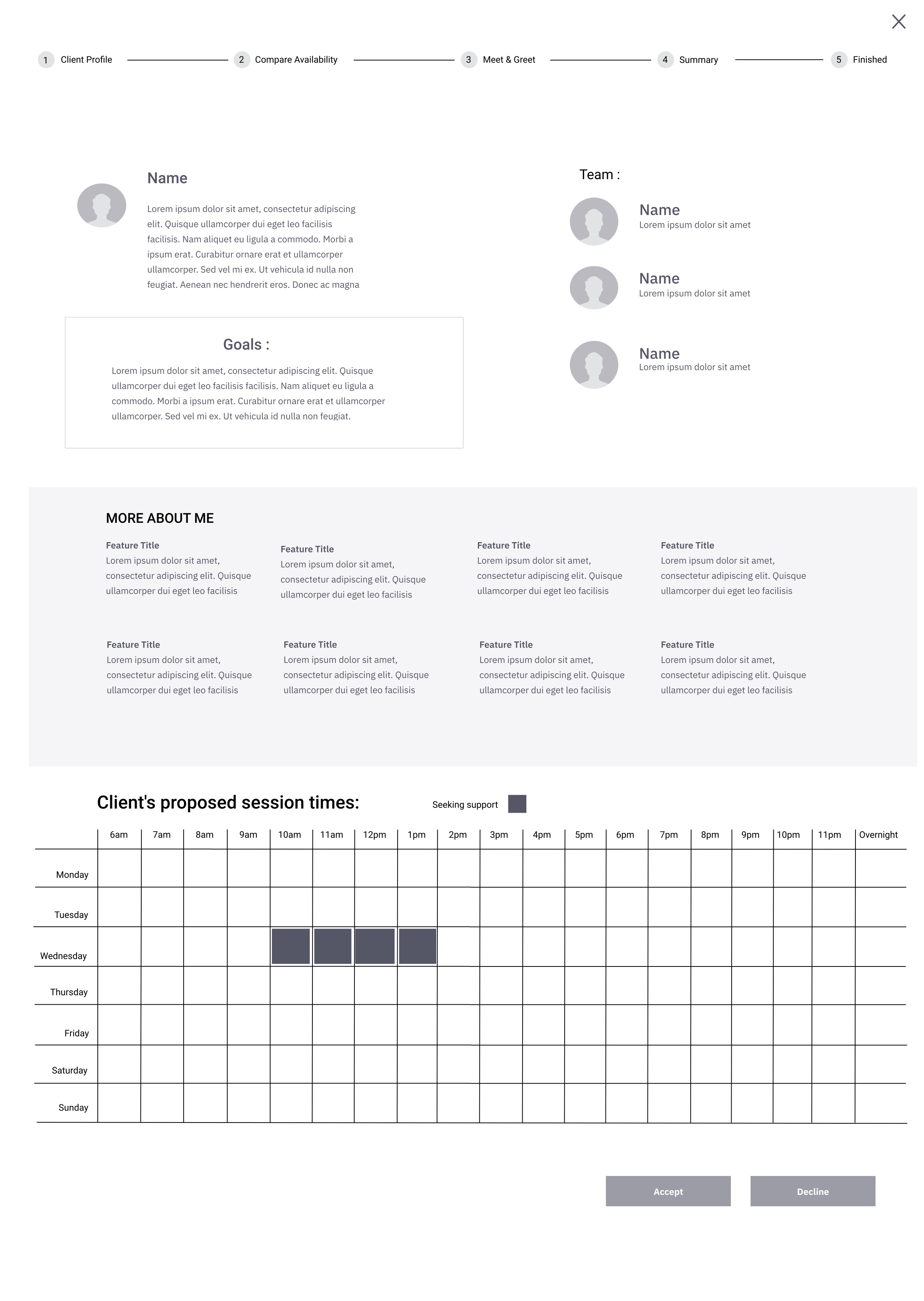 Lo- Def Wireframe of Client On-Boarding page.*Wireframe above is scrollable.