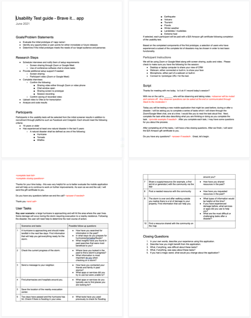 The usability test guide written in Google Docs