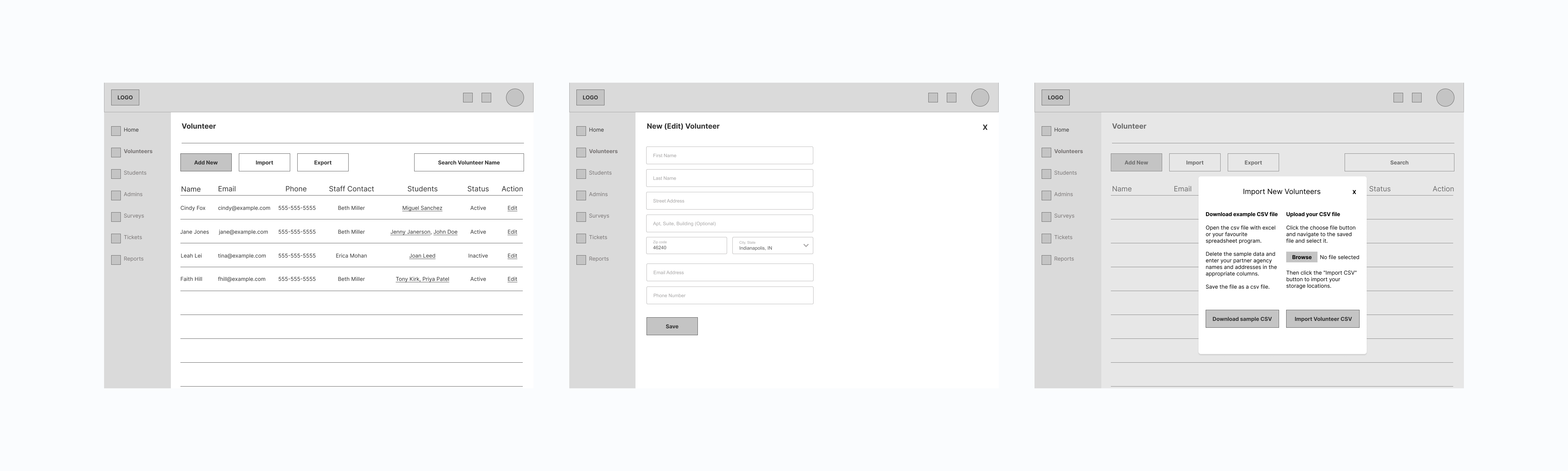 Volunteer User Flow Wireframes: Index and Add/Edit Views, and Import Modal