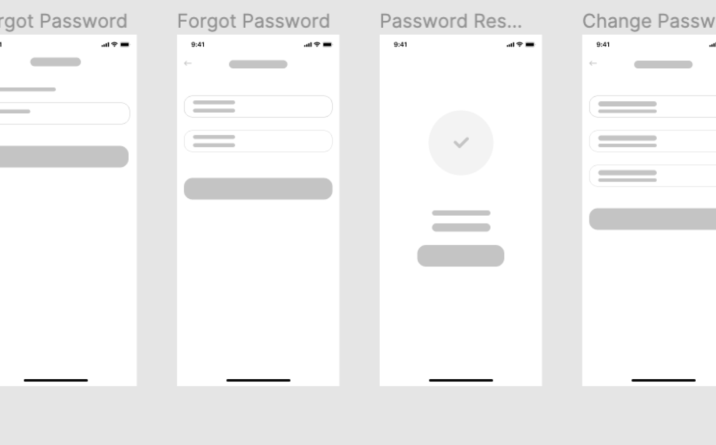 Screens for forgot password, password reset and change password.