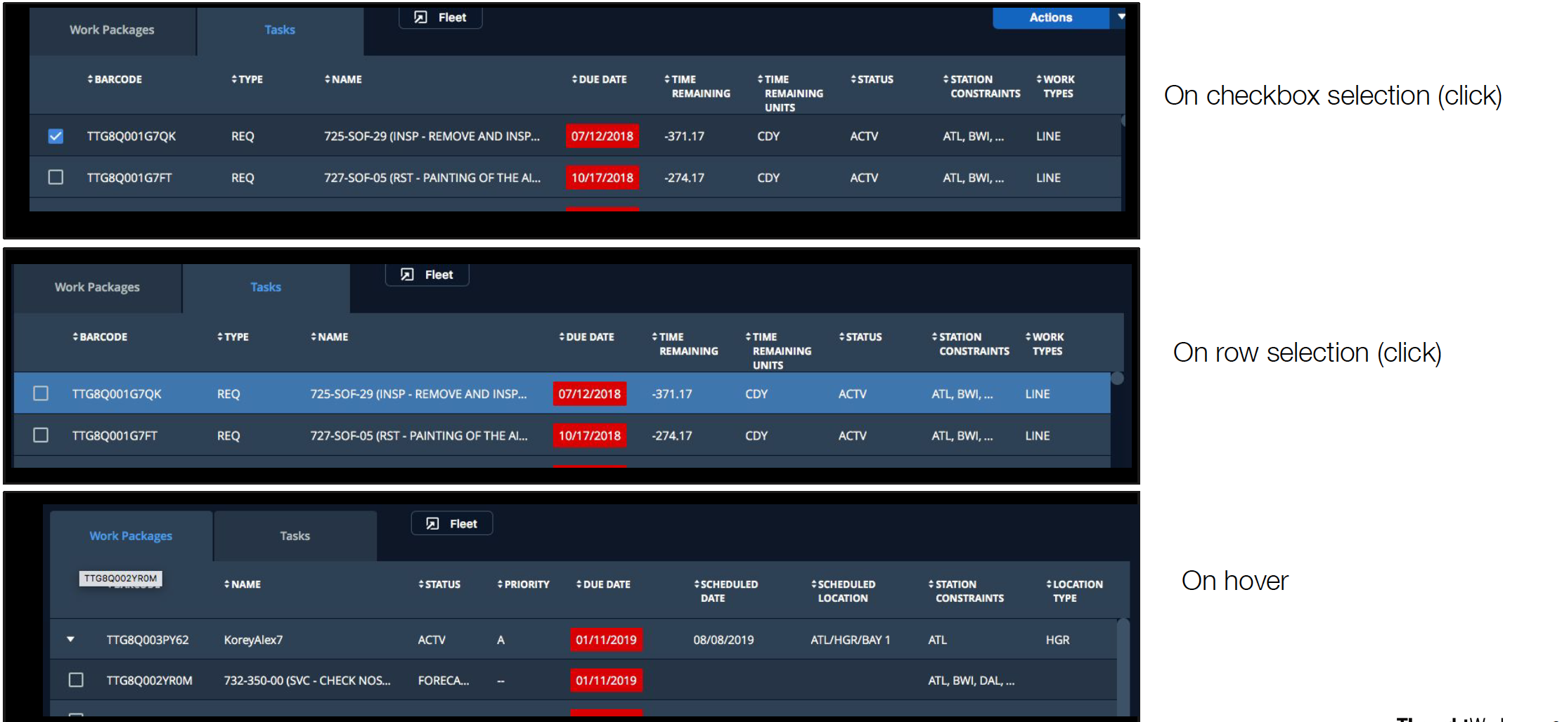 View of new line planner application table