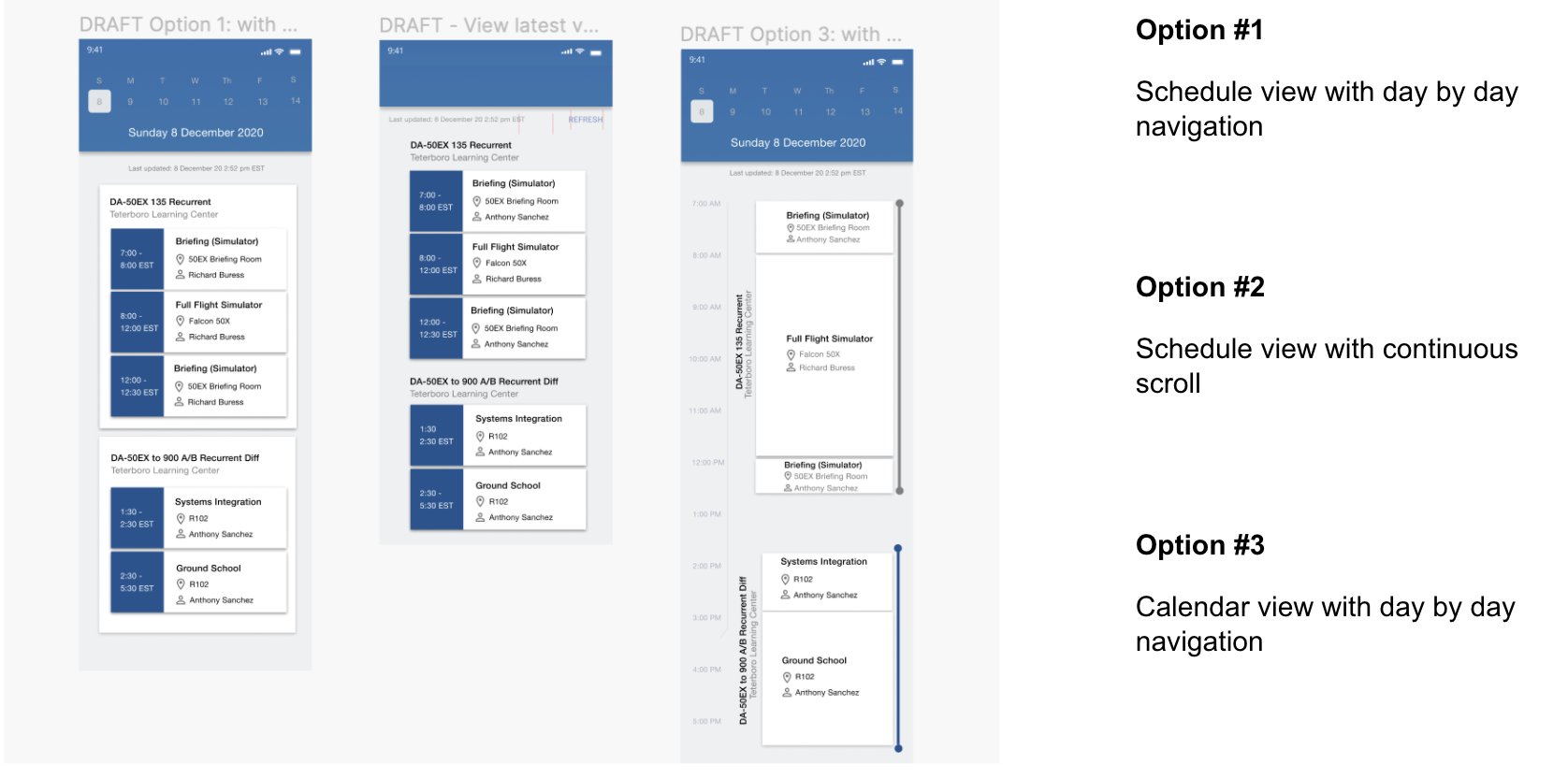 Mid fidelity mockups of calendar options