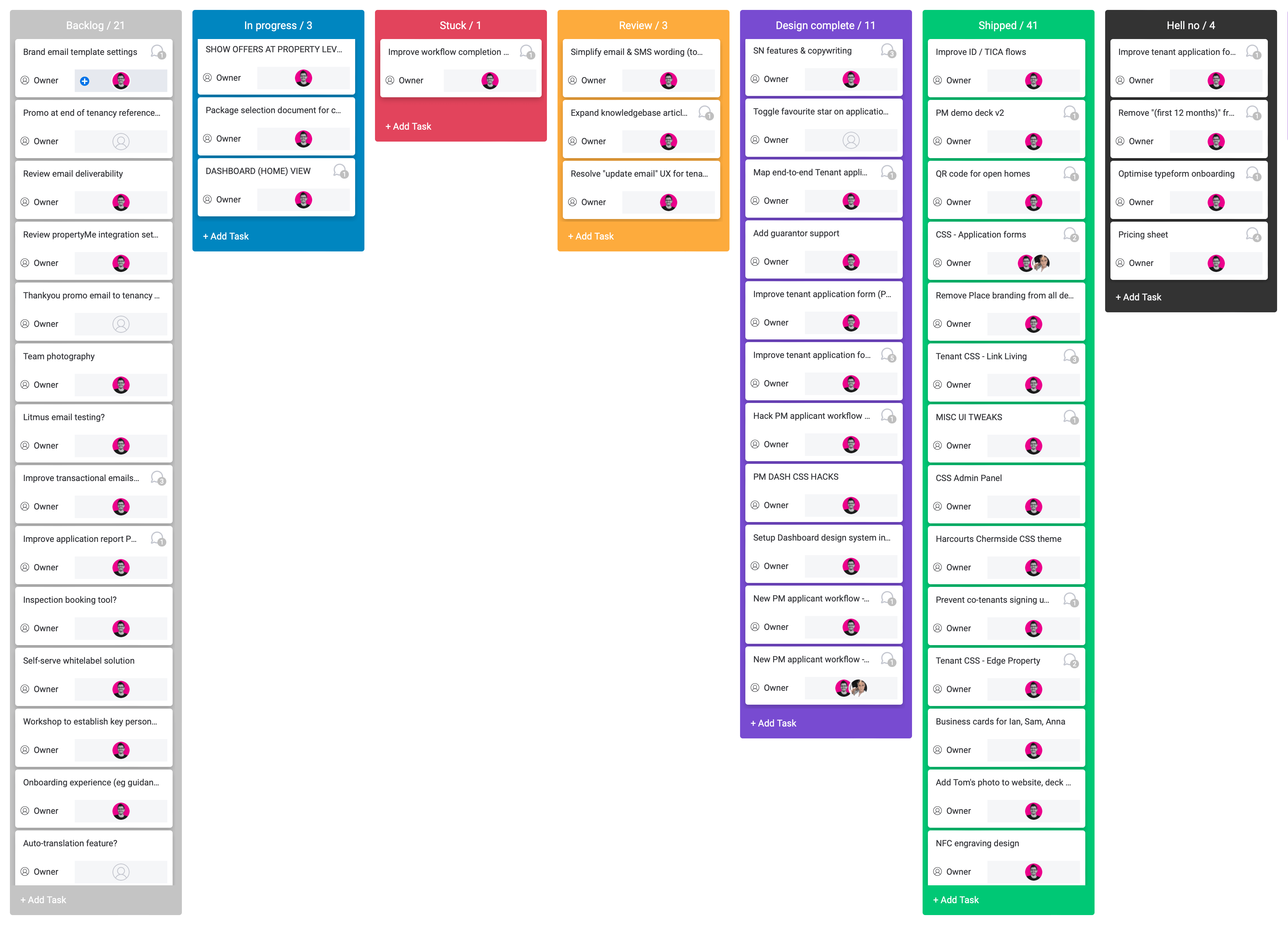 Screenshot of kanban board tasks list