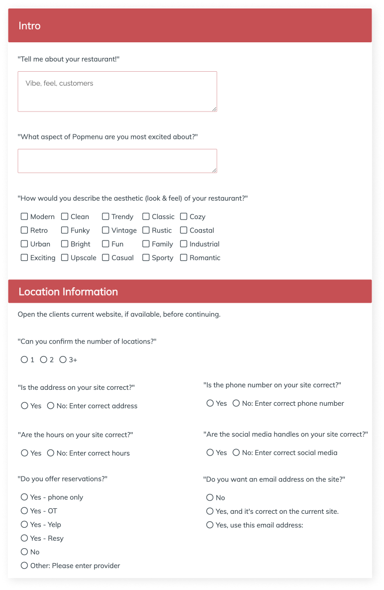 Snippet from Onboarding Call Form