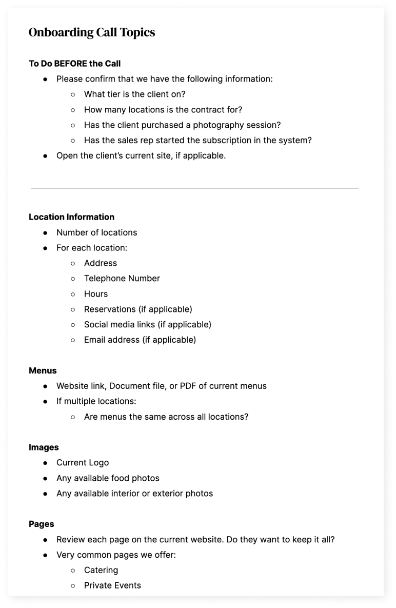 Snippet of Onboarding Call Topics