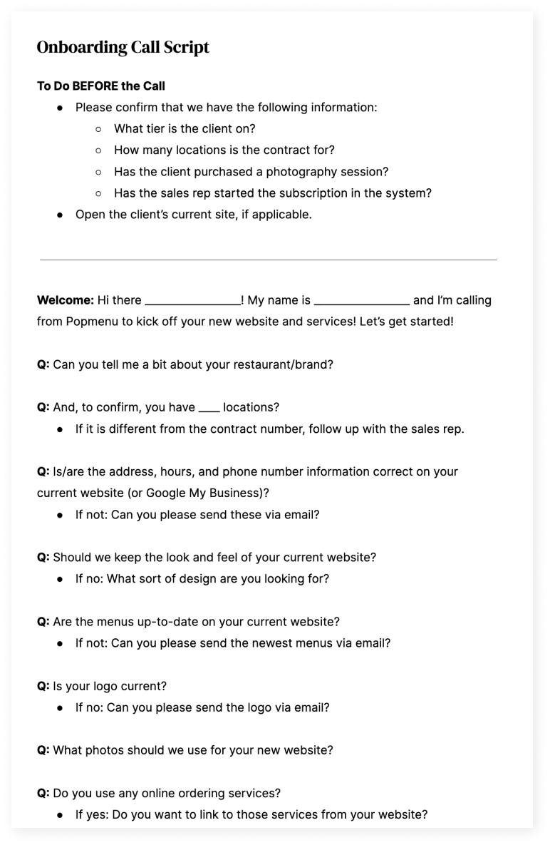 Snippet of Onboarding Call Script