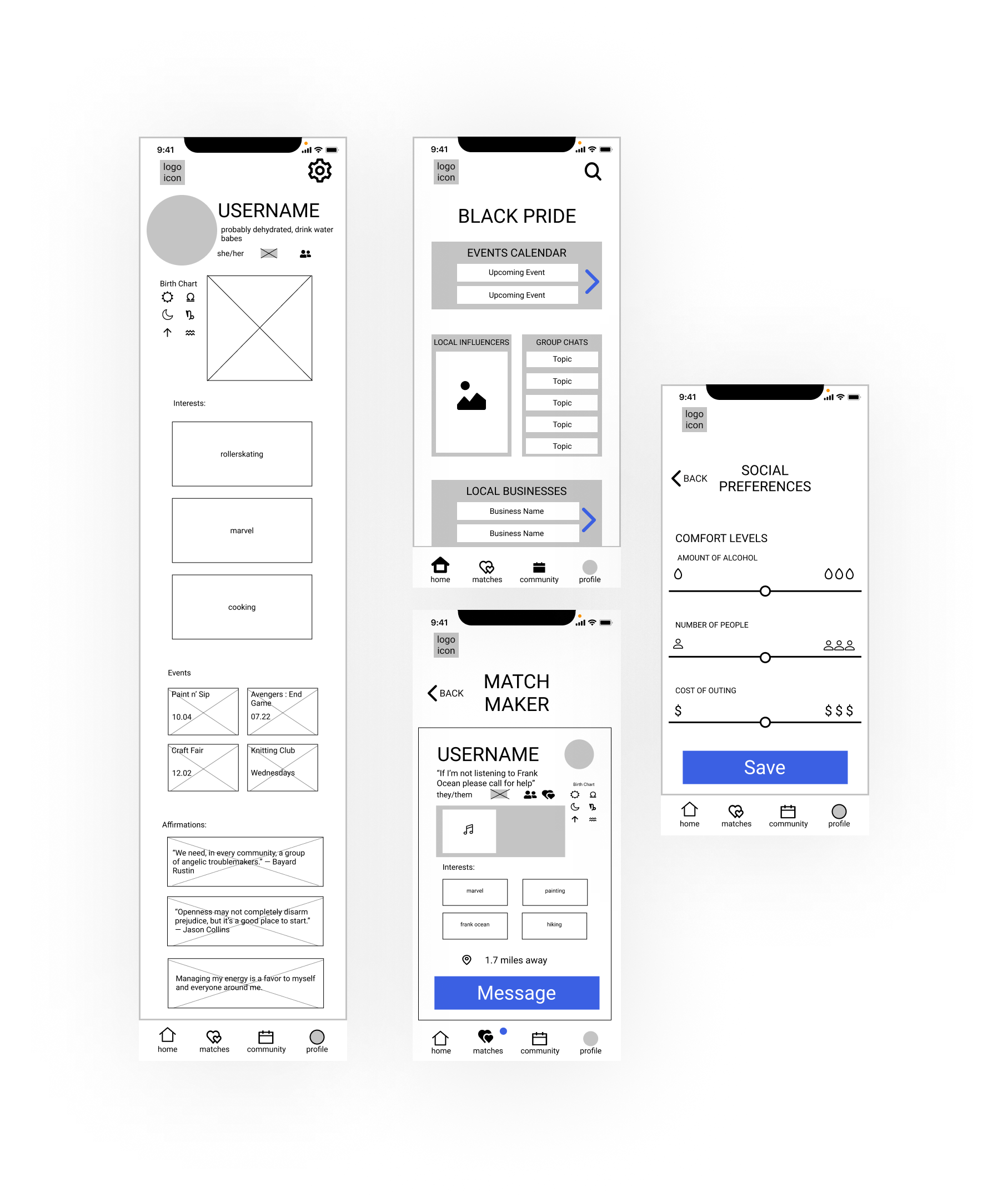 UX Design: Previews of the wireframes that are most strongly connected to the final product. Having these as a guiding blueprint made my final UI Design faster and more consistent.