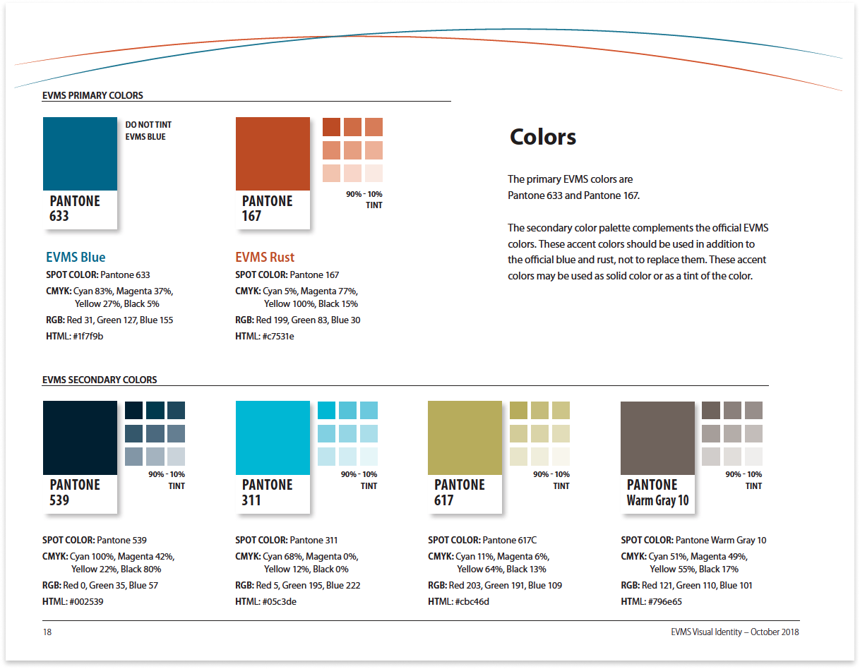 EVMS Institutional Visual Identity Guide color guidelines