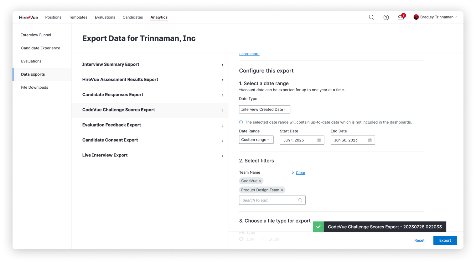 HireVue Analytics: Data Exports