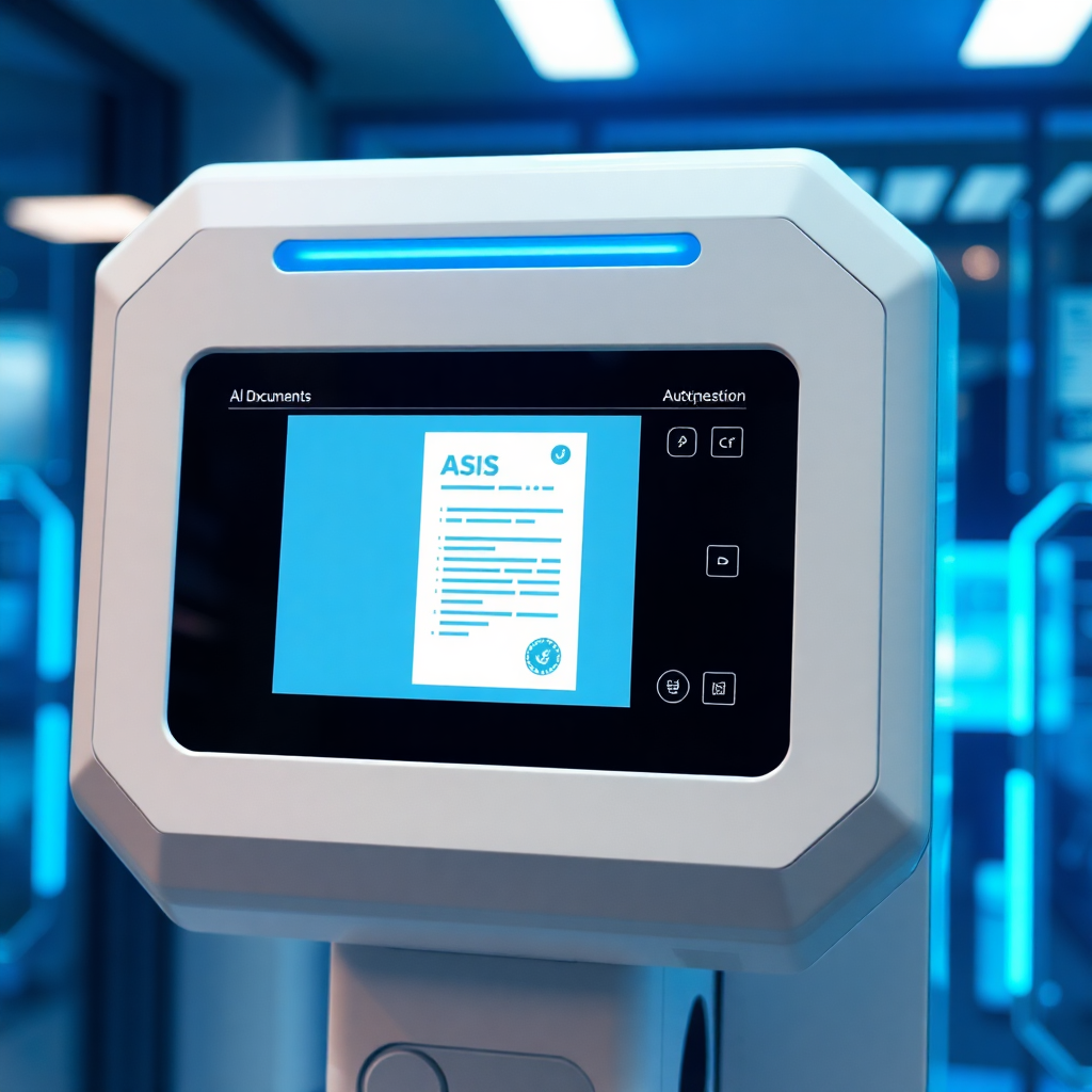 AI document verification system, automatic checking process, modern tech interface, blue accents