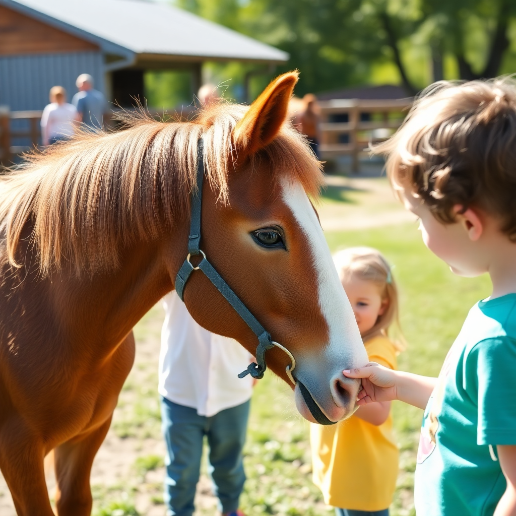 children petting a gentle pony outdoors, educational setting, bright natural light, warm atmosphere