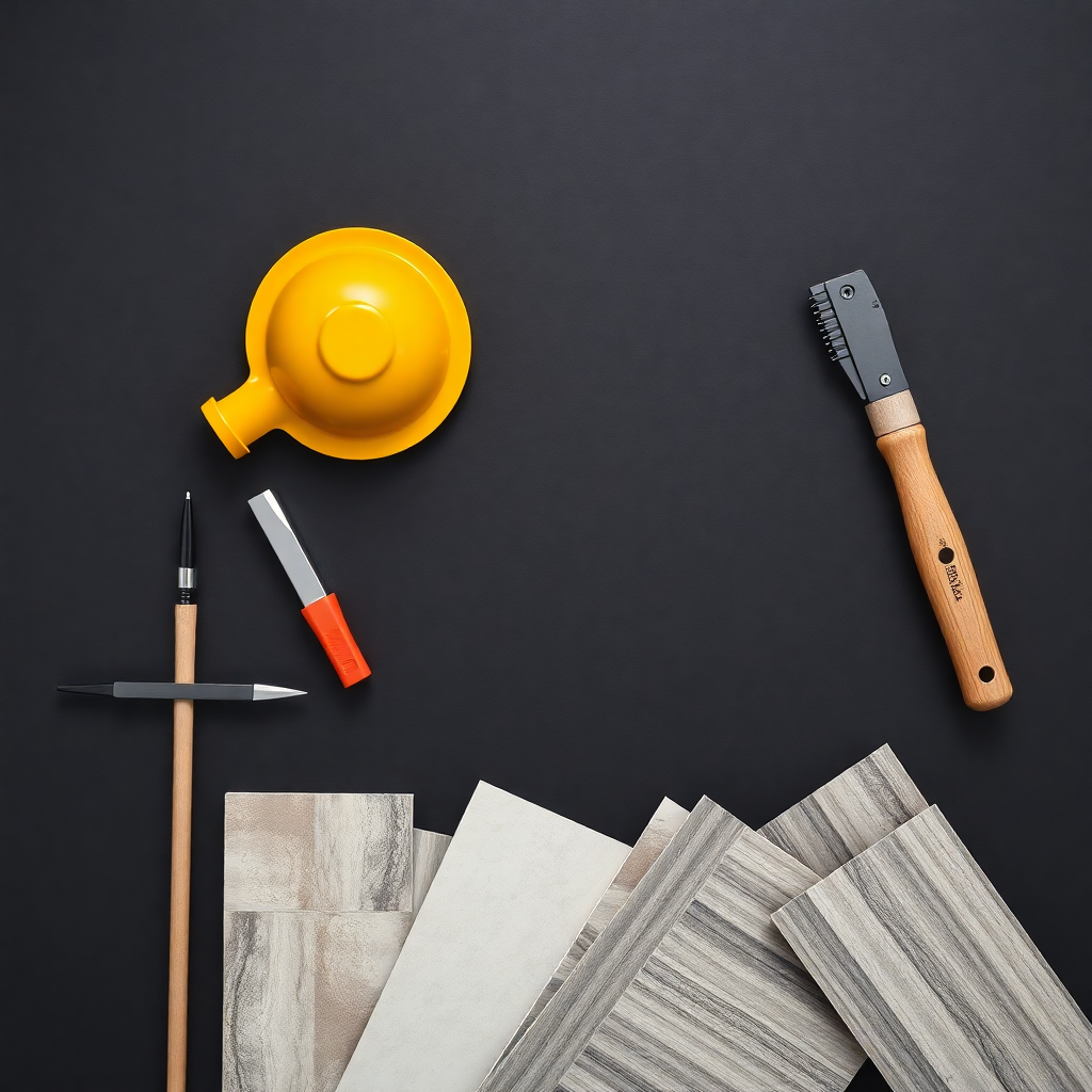 modern construction tools and materials on elegant dark background with tile samples