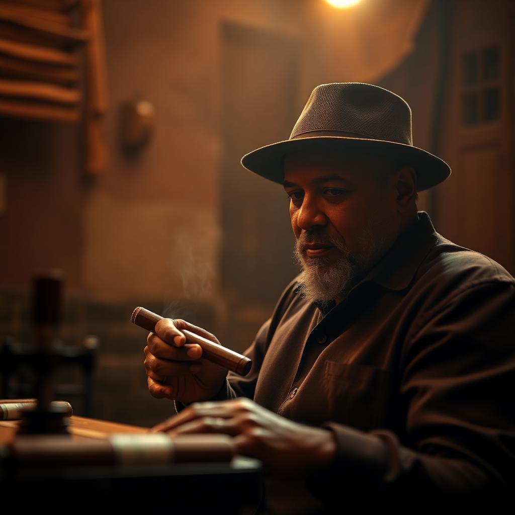 Cinematic portrait of a master cigar roller in the Dominican Republic.