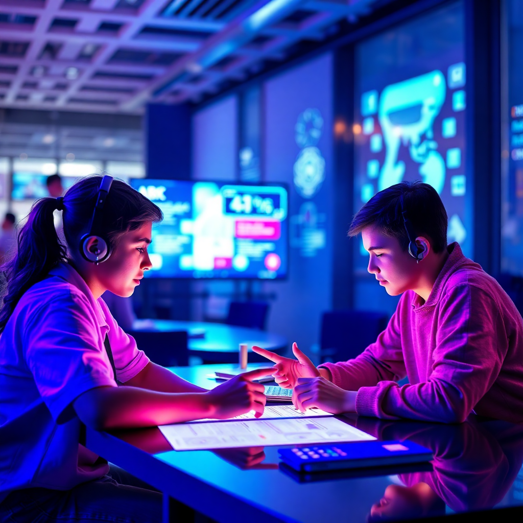 students studying with AI technology, digital learning interface, modern educational platform, vibrant blues and purples