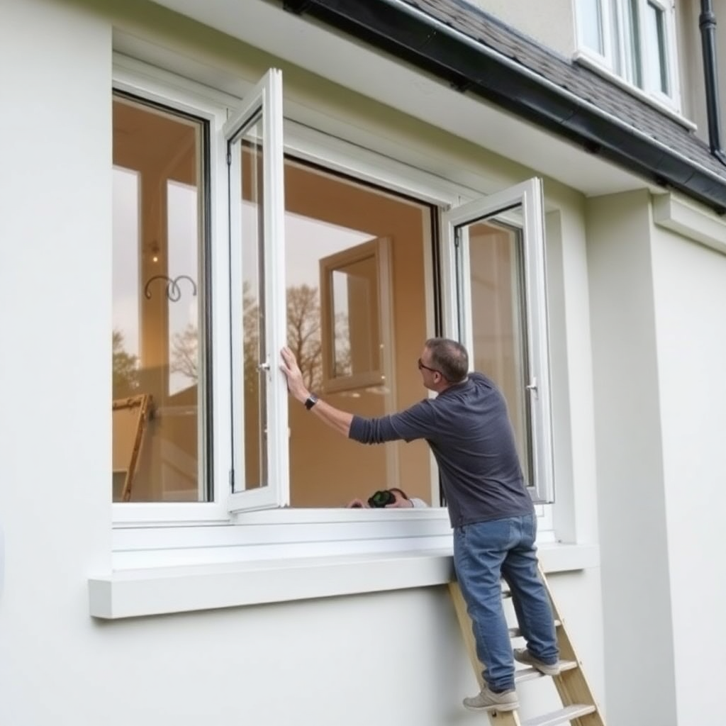 professional team installing modern UPVC windows in luxury home, precision work