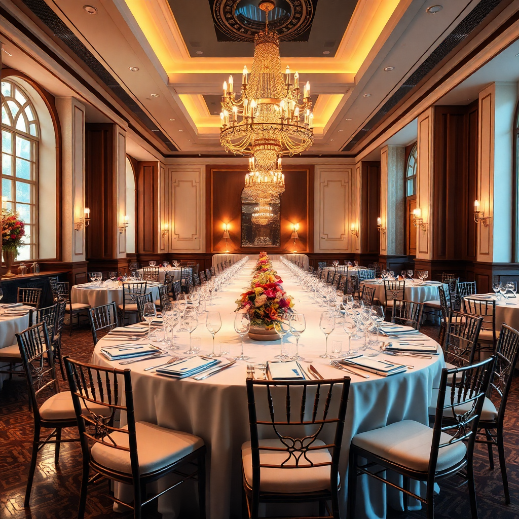 wedding reception dinner setup in luxury restaurant