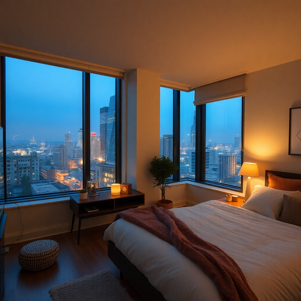 cozy apartment bedroom with city view, warm lighting, comfortable decor