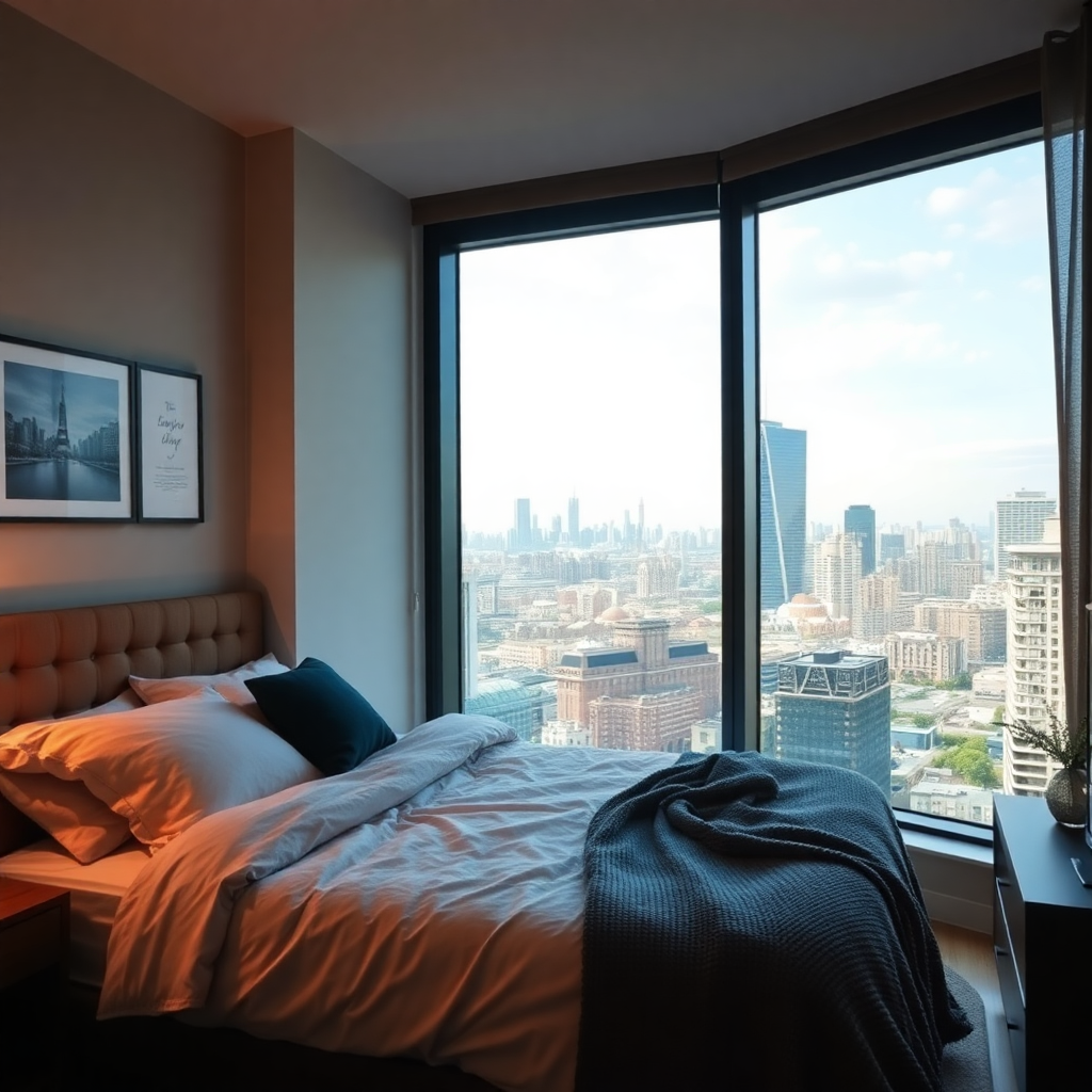 cozy apartment bedroom with city view, warm comfortable interior