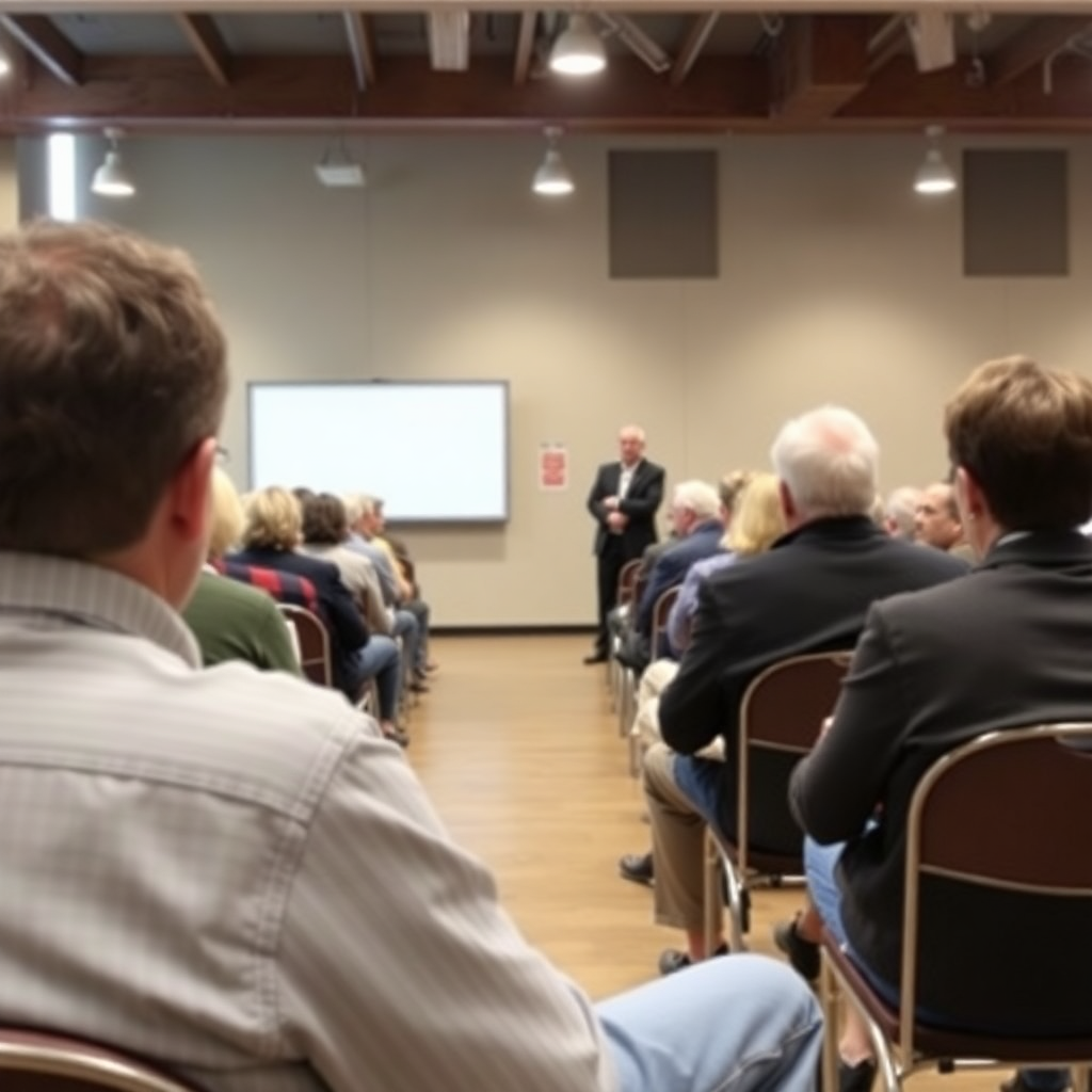 community town hall meeting, people sitting in chairs listening to speaker, civic engagement