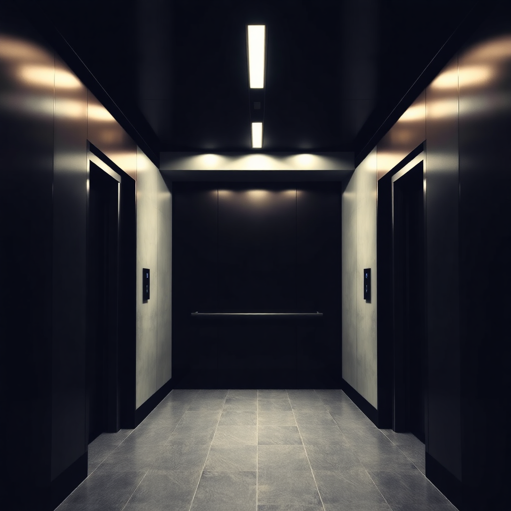 modern elevator shaft interior with dark gradient overlay, industrial architecture, dramatic lighting, professional photography
