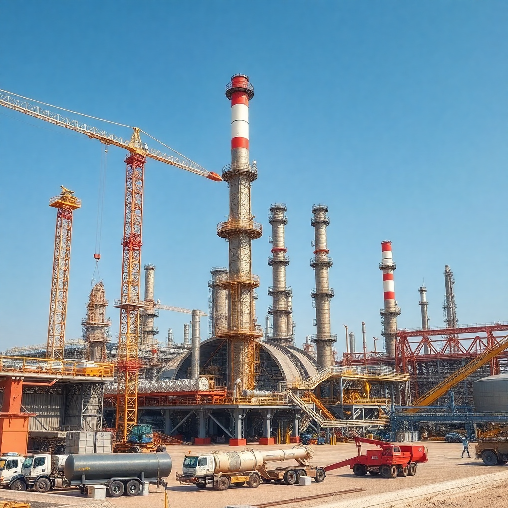 Large scale oil refinery construction site with cranes and equipment Yemen