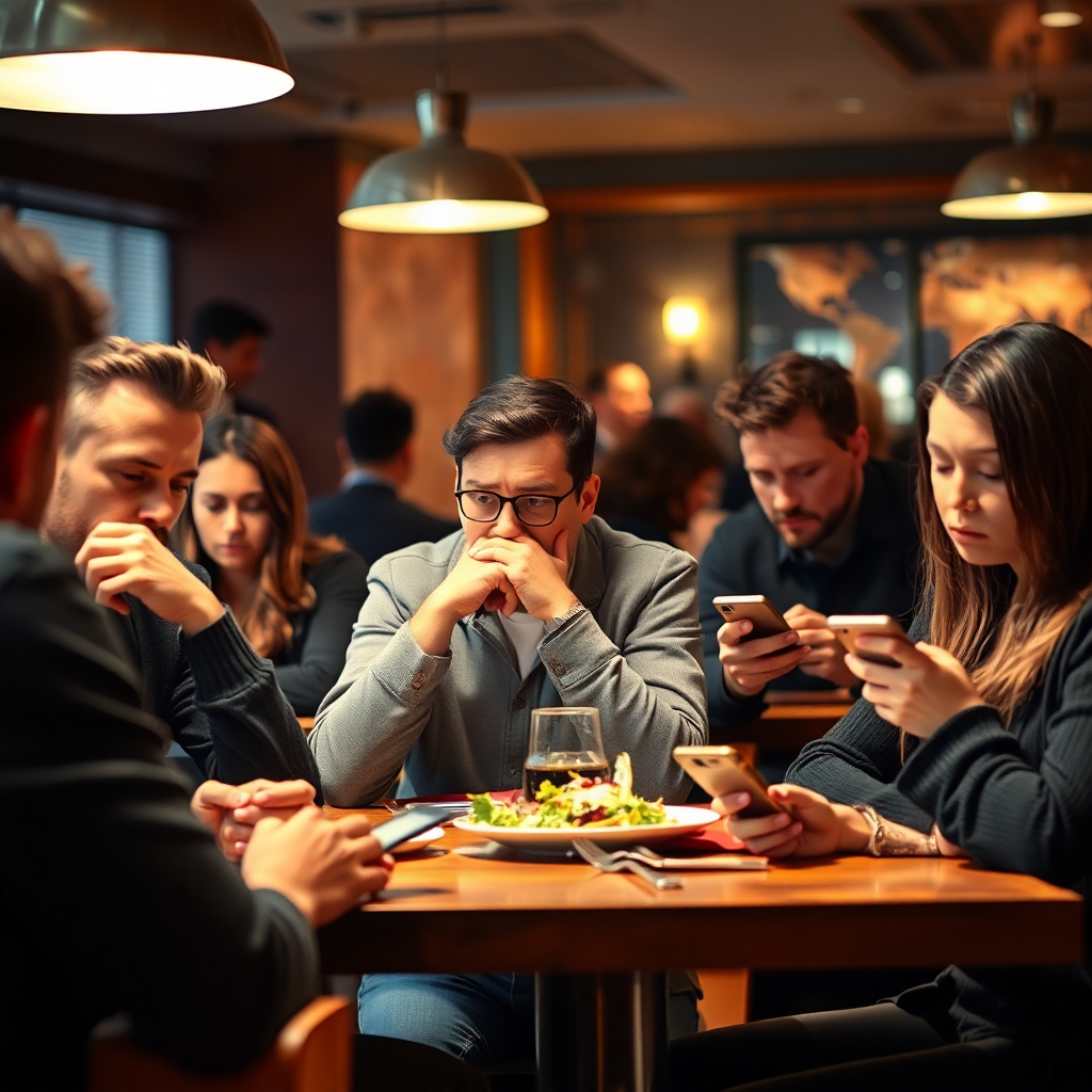 frustrated restaurant customers looking bored while waiting for food, checking phones, empty expressions, missed opportunities, modern restaurant interior, warm lighting
