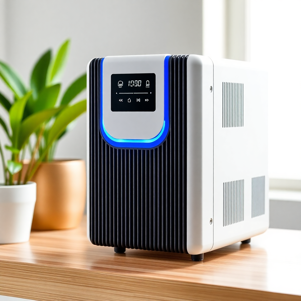 modern home inverter UPS system, white and blue design, LED display, compact design