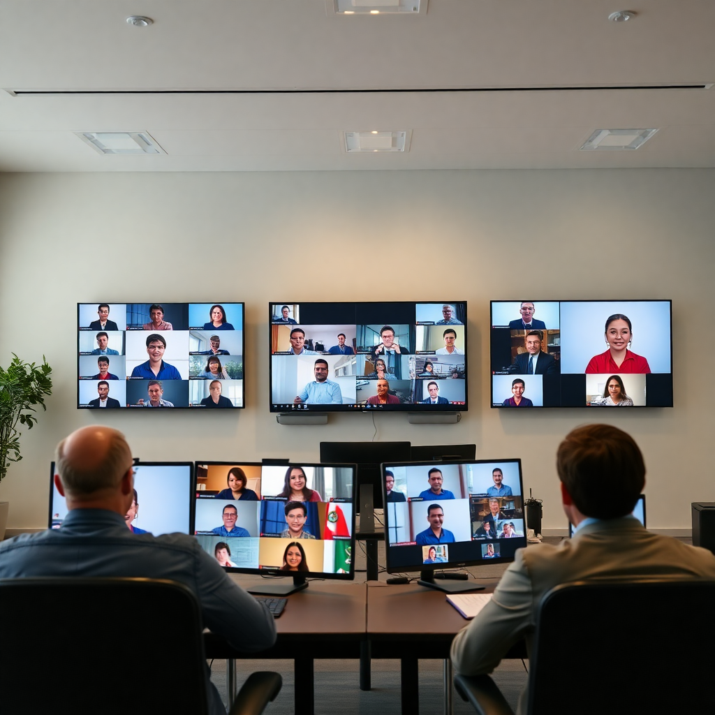 virtual classroom with multiple screens showing diverse participants in a modern online learning setup, professional photography