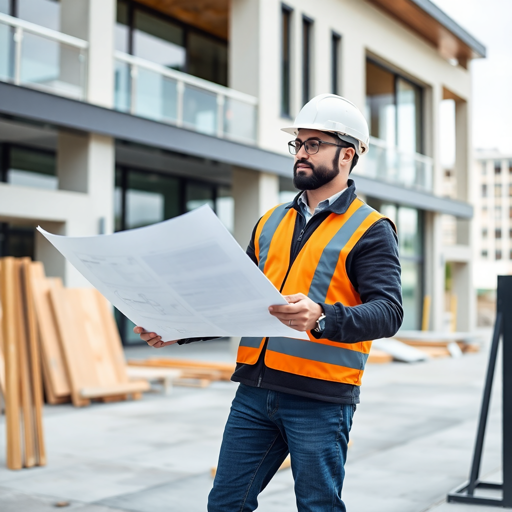 construction site professional builder checking blueprints modern building structure architectural style