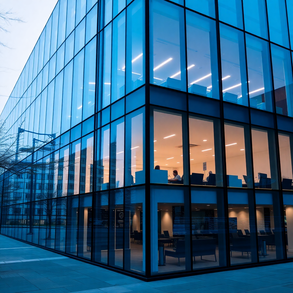 modern corporate office building with glass facade, professional business environment, blue corporate lighting