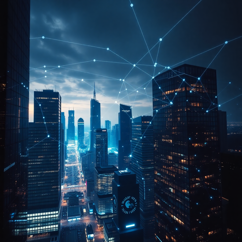 modern corporate office buildings skyline with interconnected networks, global business districts, dark cinematic photography