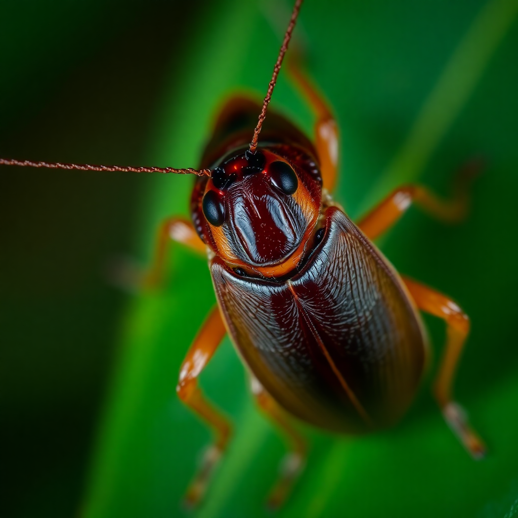 Oriental cockroach insect close-up macro photography, dark brown almost black color, scientific identification photo