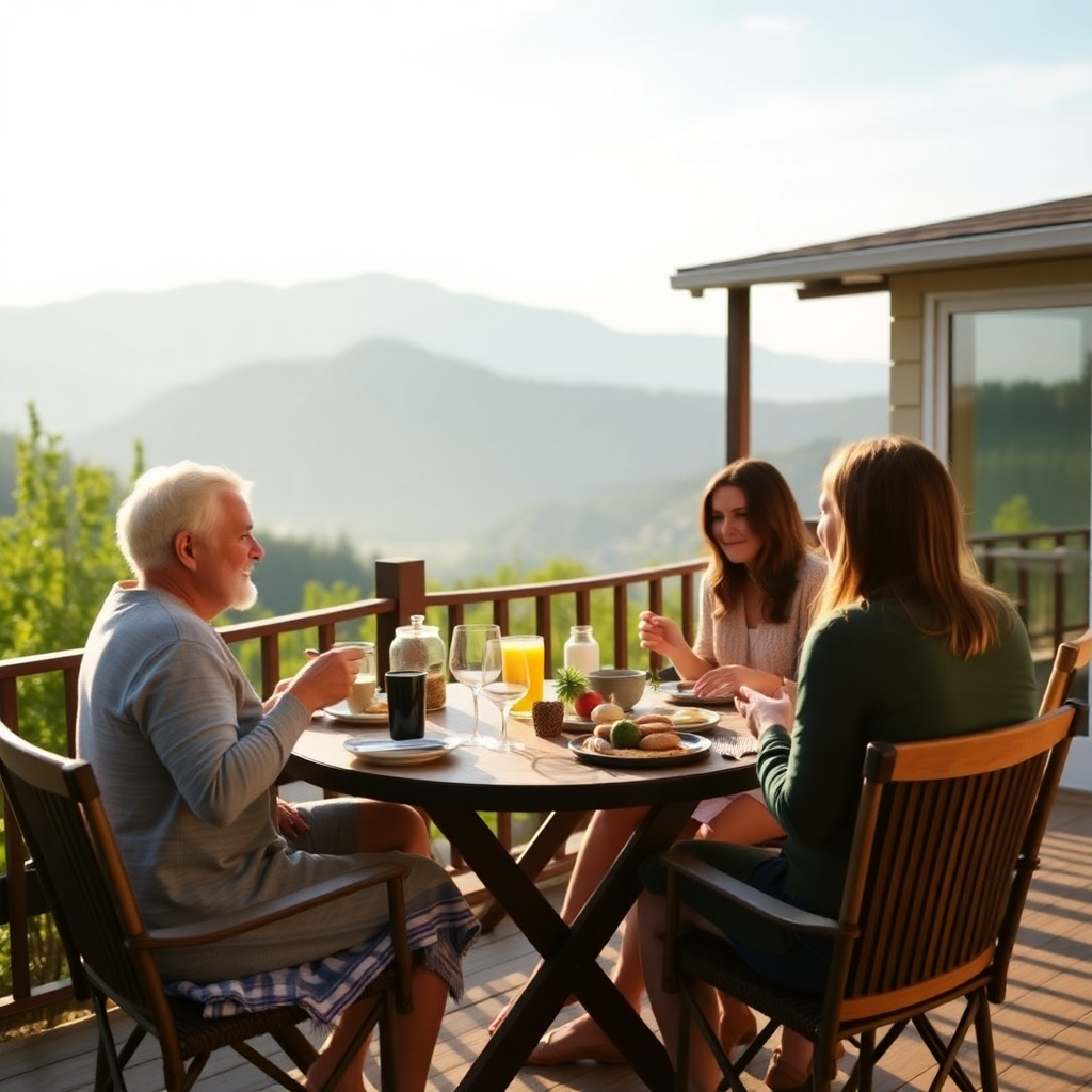 happy family enjoying breakfast on cottage terrace with mountain view, warm morning light, natural setting, lifestyle photography