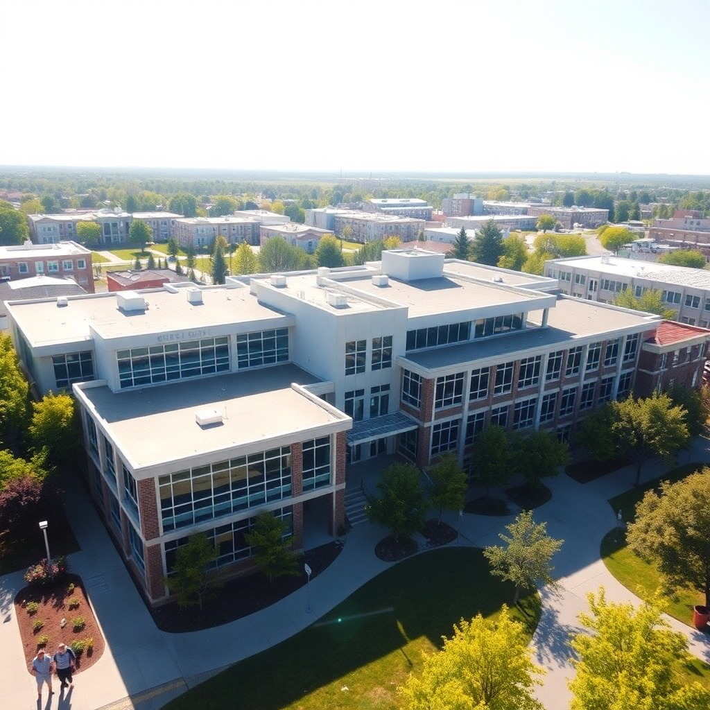 modern school campus with state-of-the-art facilities, aerial view, bright sunny day, professional photography