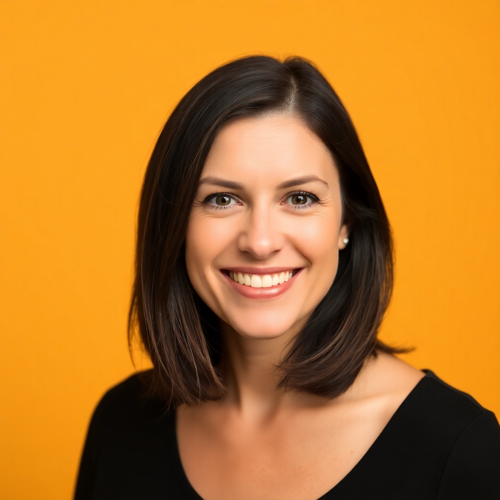 Headshot of Anne-Laure Le Cunff, a smiling woman with dark hair against a warm yellow studio background.