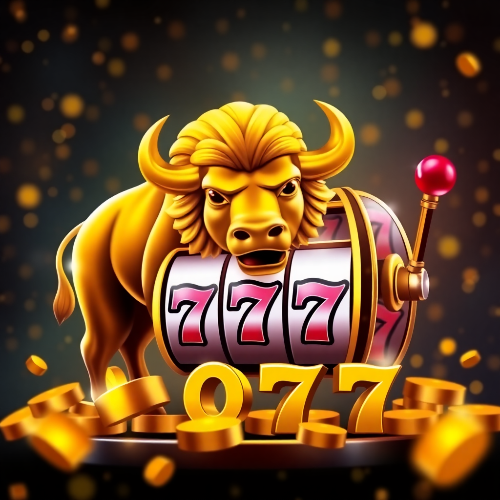 digital art of a vibrant casino slot machine theme, golden buffalo and lucky 7s, dark moody background with golden sparkles and bokeh, high quality render