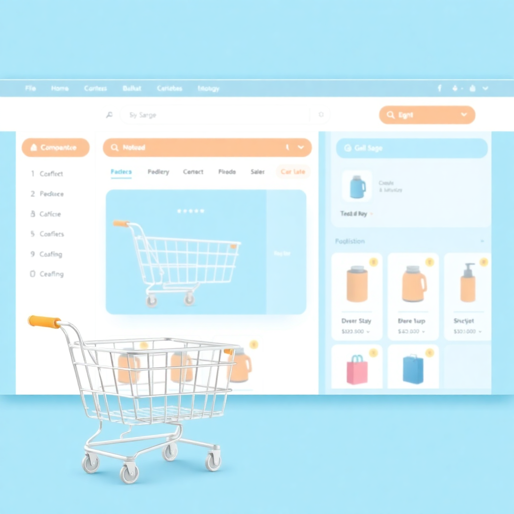 ecommerce store interface with shopping cart and product grid in blue theme