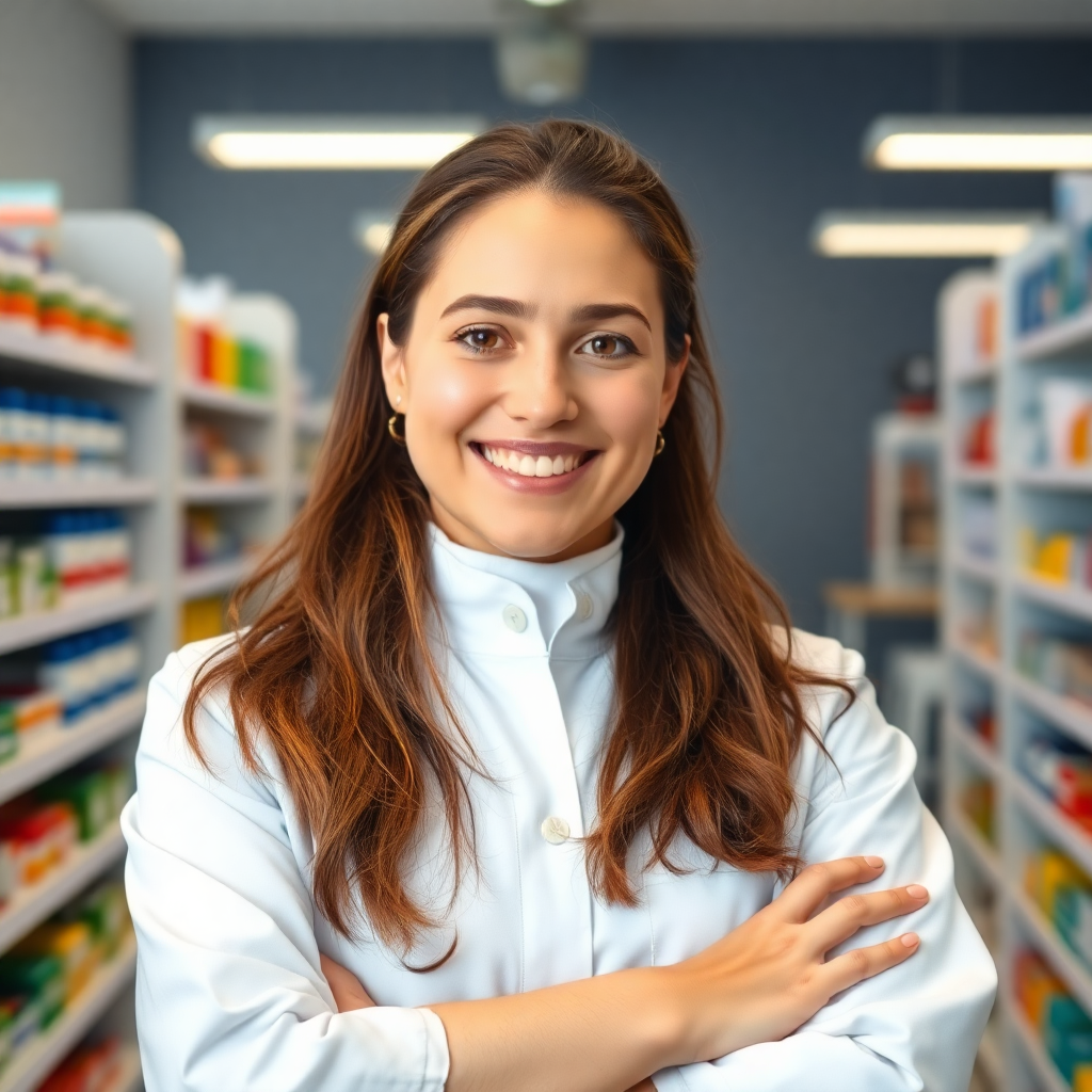 Friendly pharmacist smiling in a modern pharmacy, bright and clean environment, healthcare professional