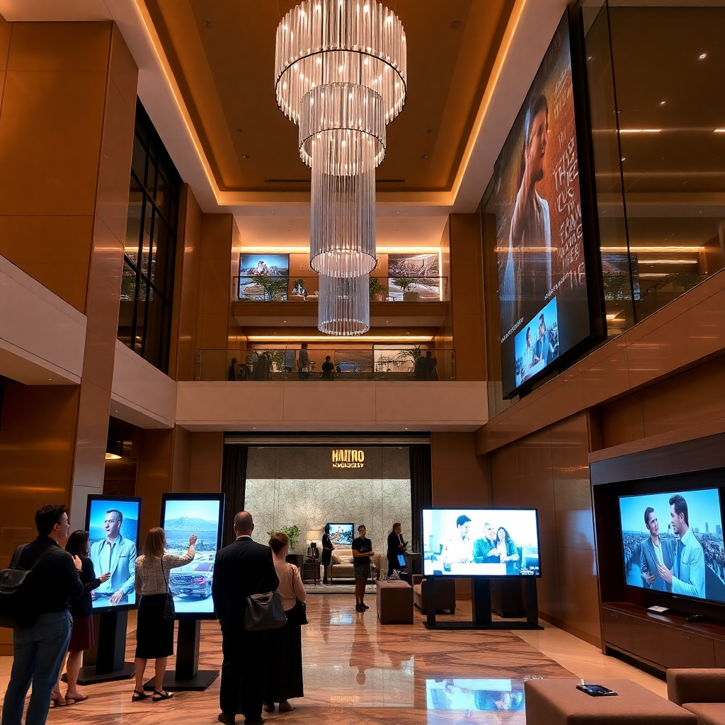 luxury hotel lobby with guests using interactive displays, in-room TV experiences, modern hospitality technology, elegant interior design, warm lighting