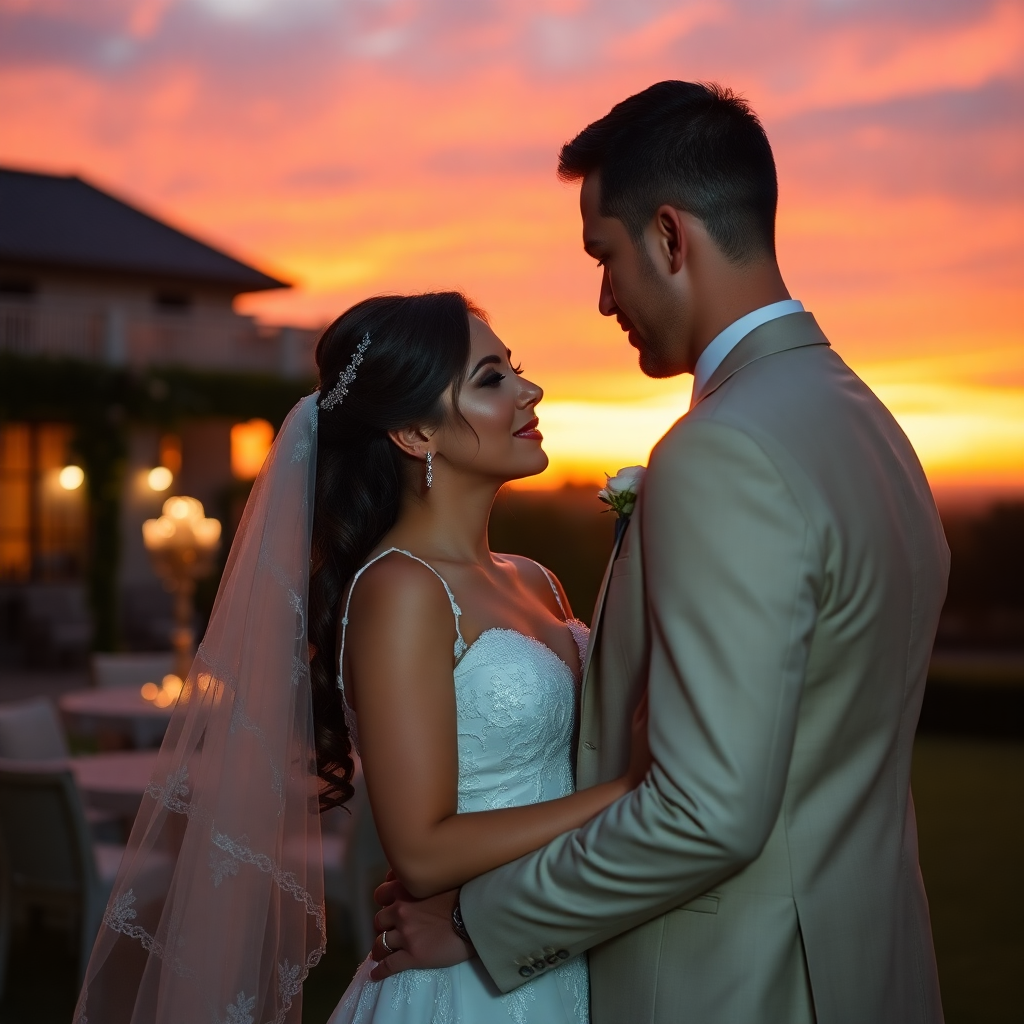 romantic wedding couple portrait at sunset, cinematic photography, elegant venue background