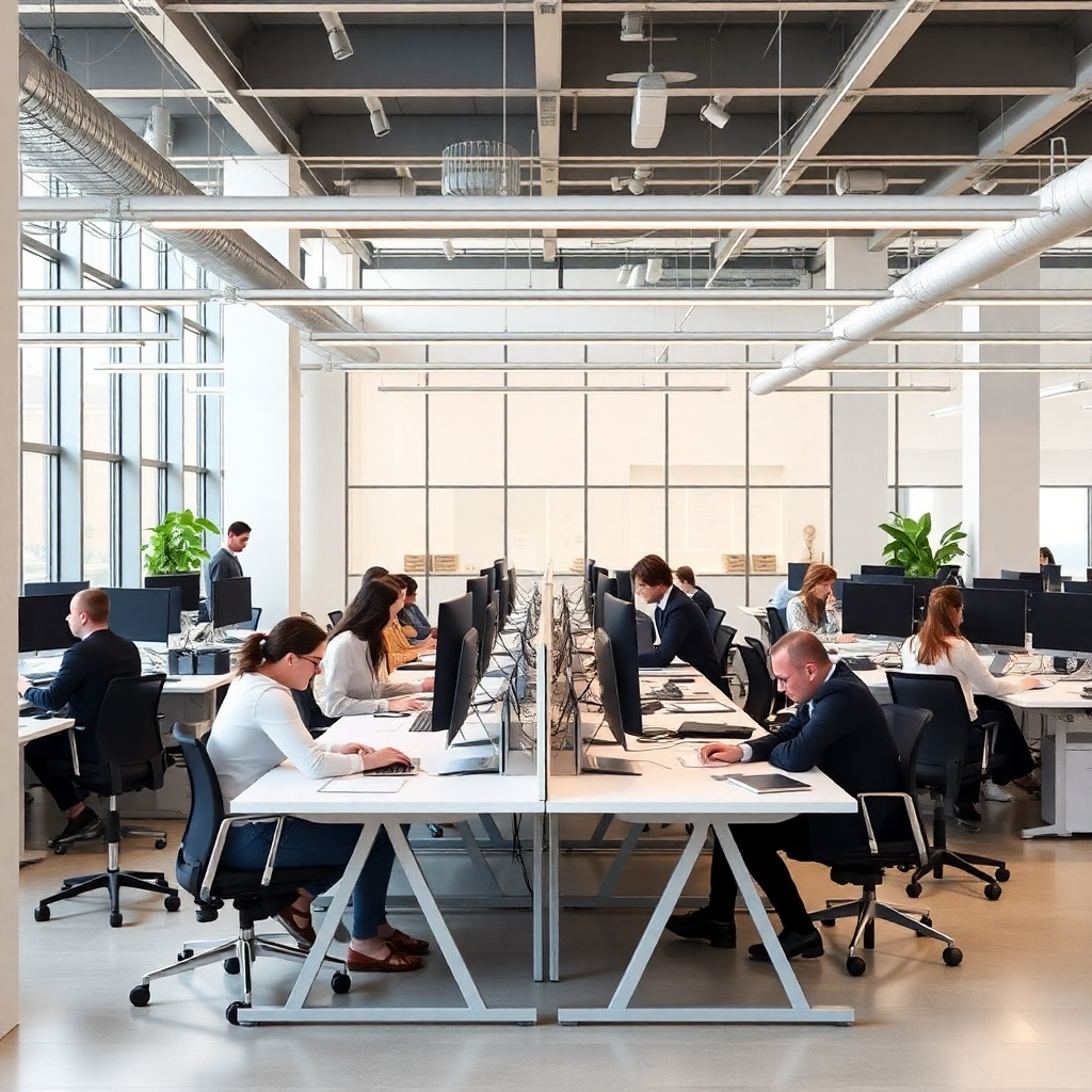 modern open plan office with people working at desks