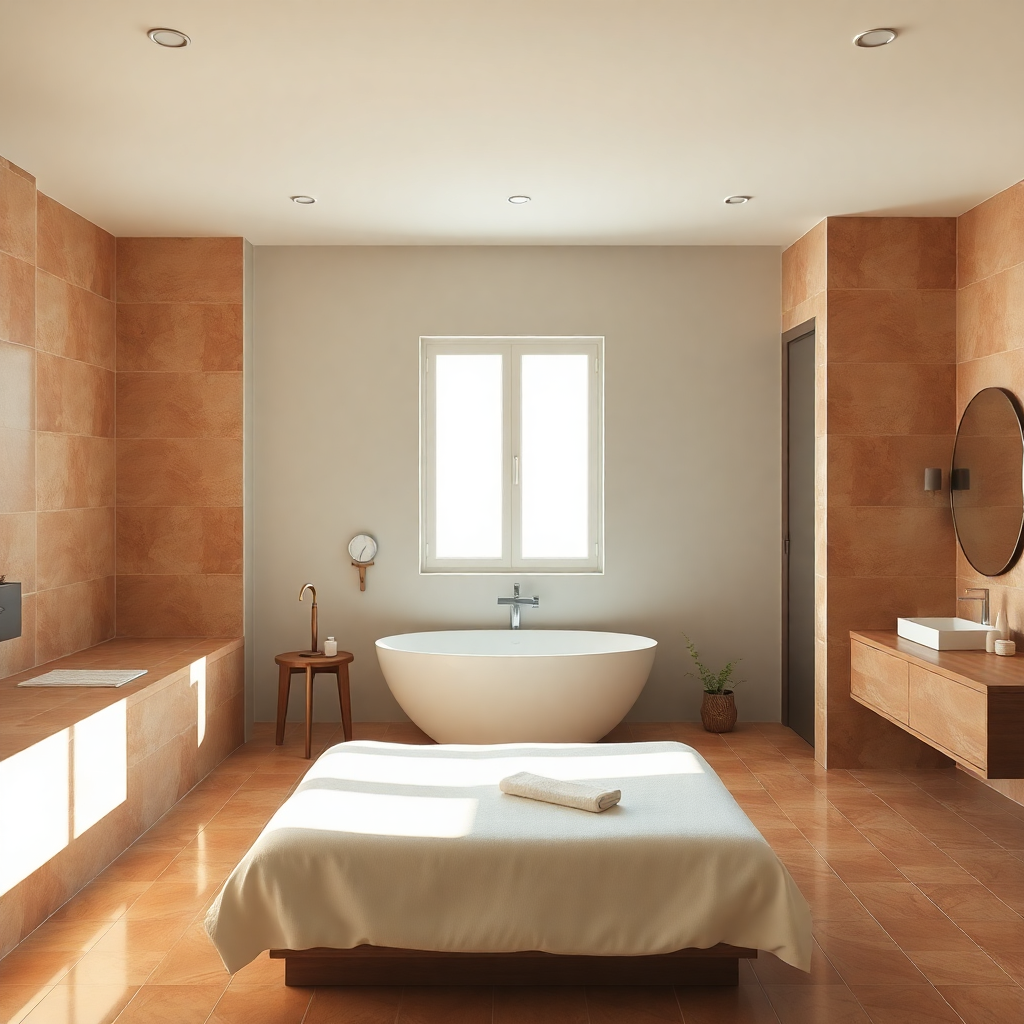 serene bedroom interior with warm tiles, minimalist design, soft natural lighting