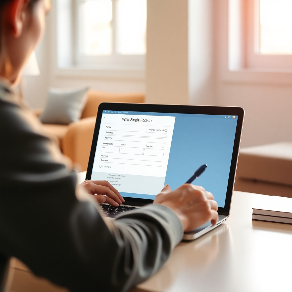 person filling out simple online form on laptop, bright modern setting, clean UI, warm lighting