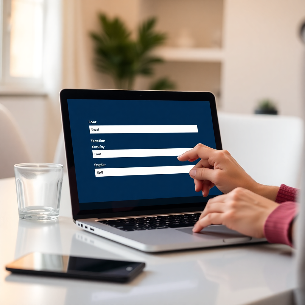 person filling out simple online form on laptop, bright modern setting, clean UI, warm lighting