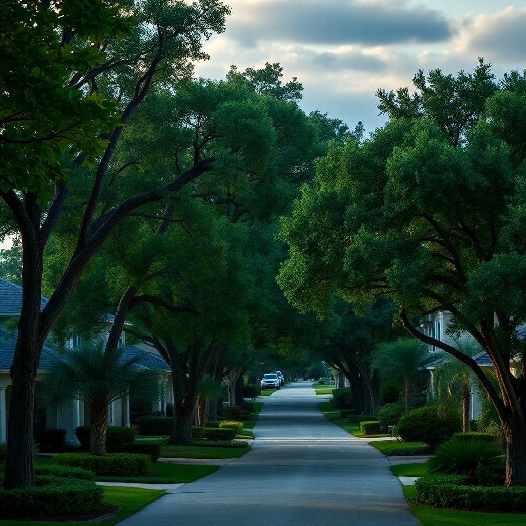 lush green residential neighborhood with mature trees in Tampa Florida, cinematic lighting, high quality landscape photography