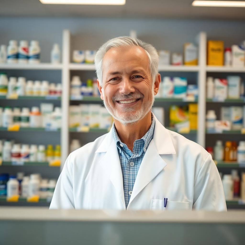 friendly senior pharmacist man wearing white lab coat smiling warmly behind pharmacy counter with blurred medicine shelves in background, high quality photography