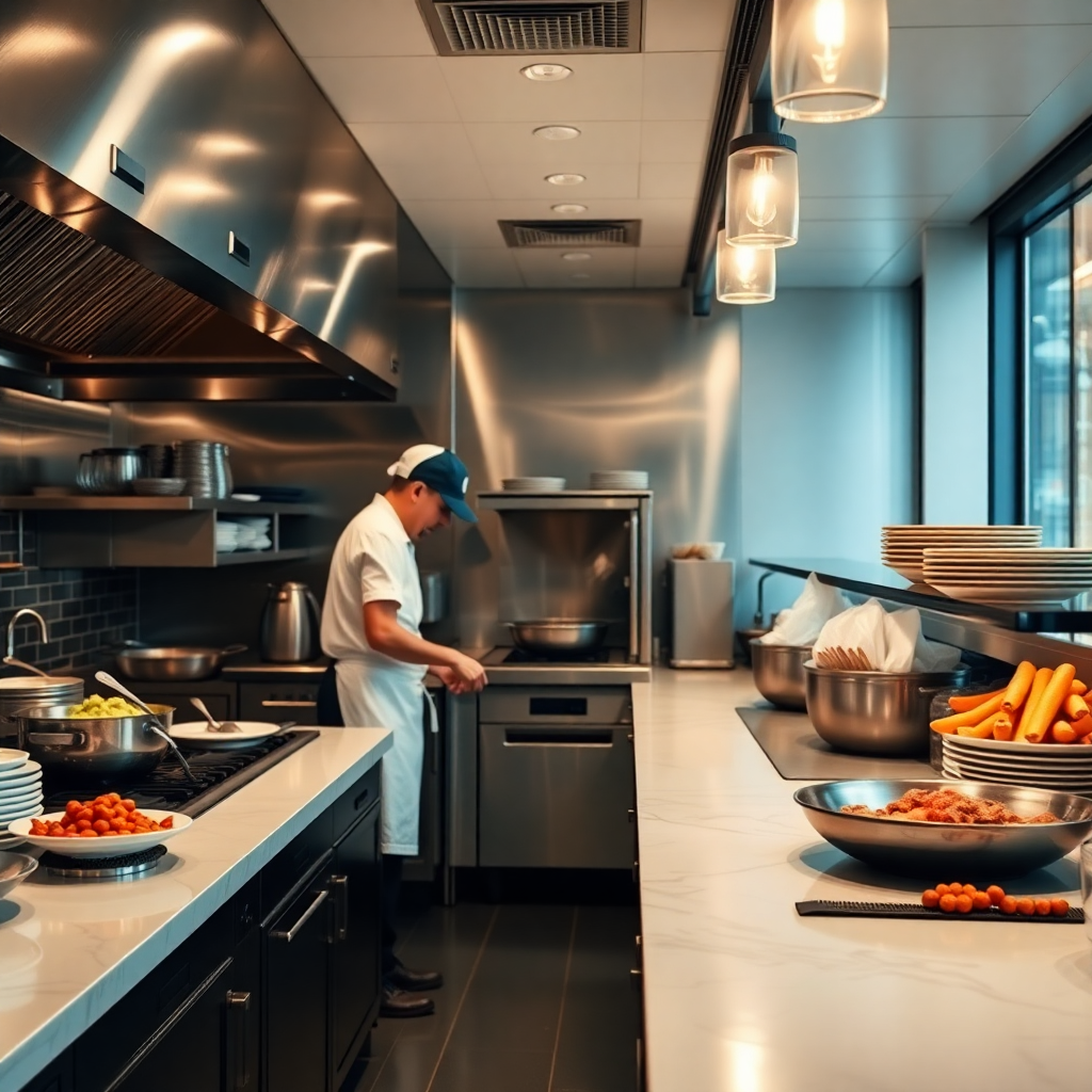 modern restaurant kitchen with chefs cooking, professional food preparation, clean commercial kitchen
